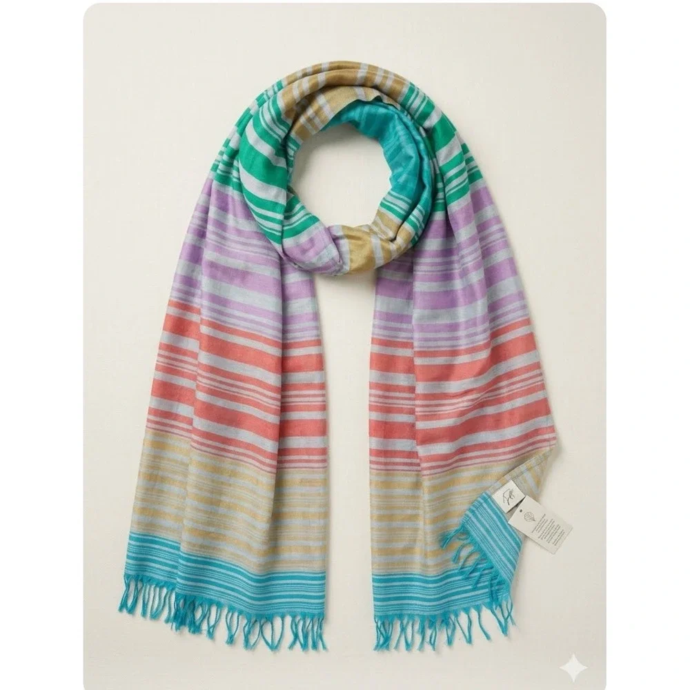 Multi Color Striped Lightweight Woven Scarf Teal Purple Coral Gold Fringe Trim